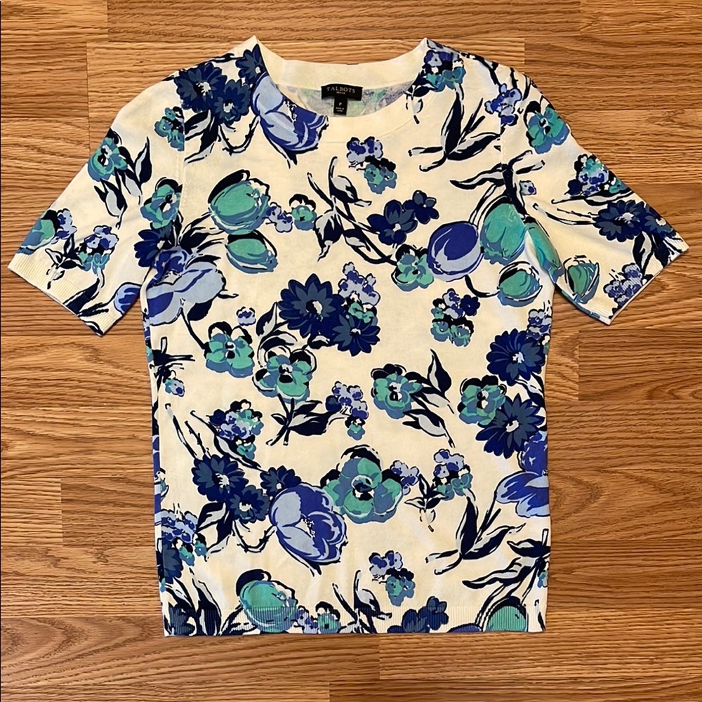 Talbots Floral Print Thin Short Sleeve Blue Sweater Women’s Petite P